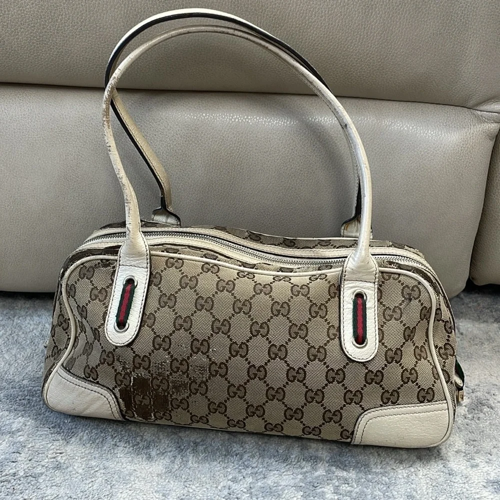Vintage Gucci Princy GG Monogram Logo Sherry Line Web Shoulder Bag Tan Ivory